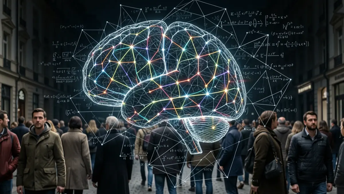 Abstract image of artificial intelligence and mathematics with neural network patterns and geometric shapes.