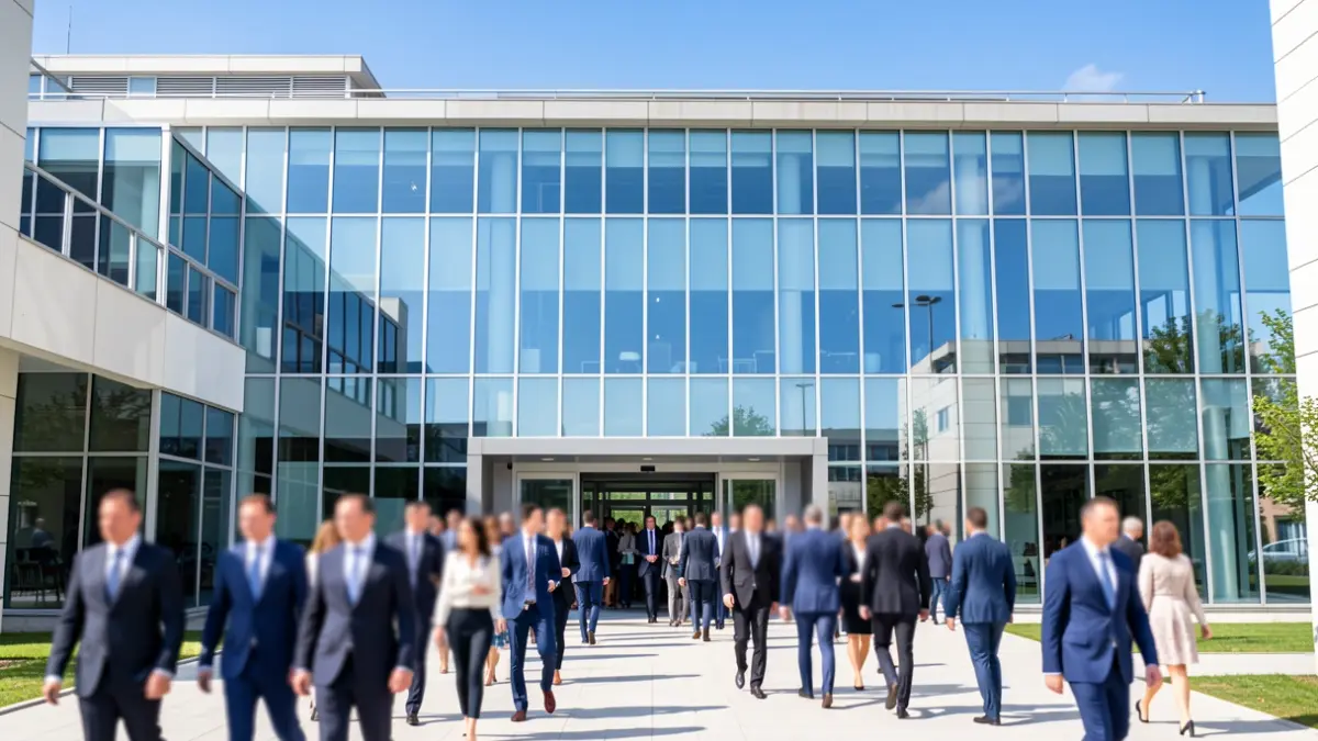 Generic image of a modern research institute with blurred figures entering.