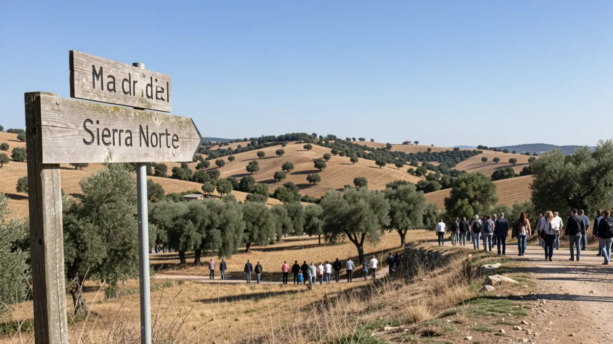 Imagen genérica de un paisaje rural en la Sierra Norte de Madrid con un cartel de madera indicando direcciones.