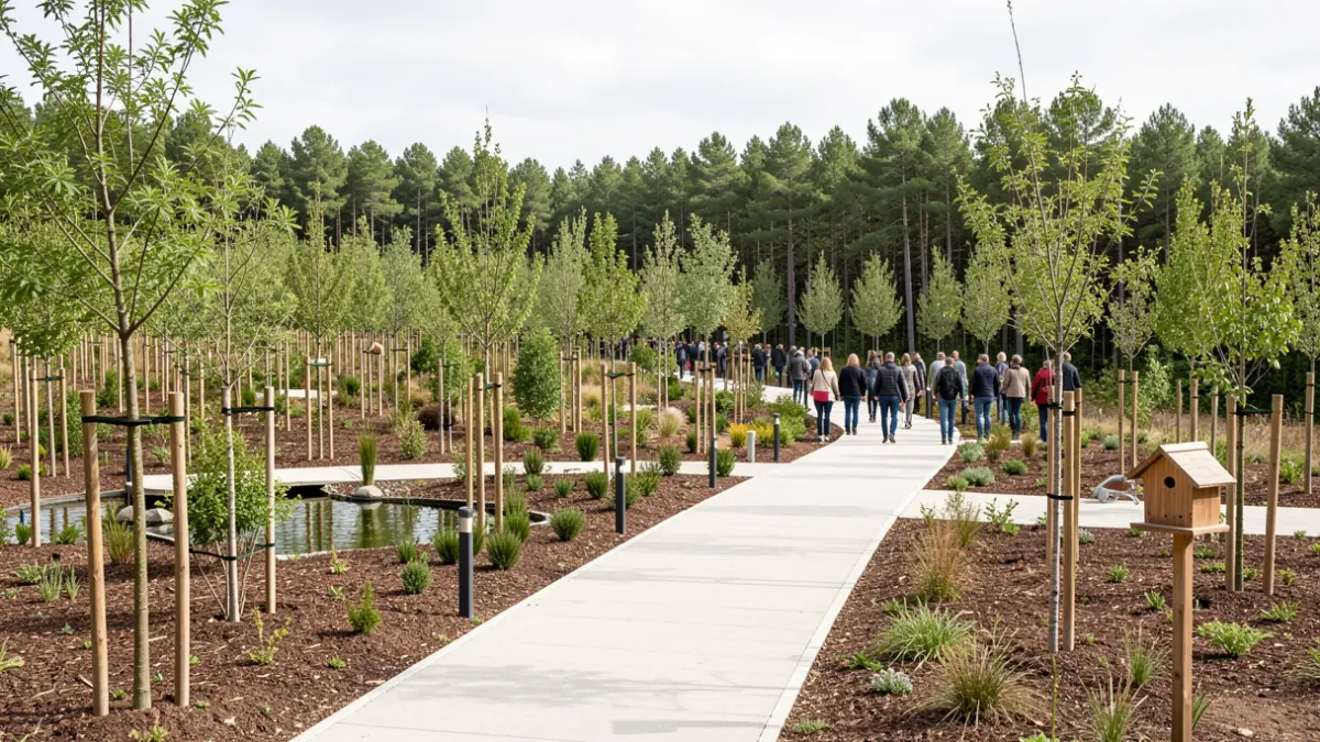 Imagen genérica de un nuevo parque forestal en la Comunidad de Madrid, con árboles jóvenes, arbustos y senderos accesibles.