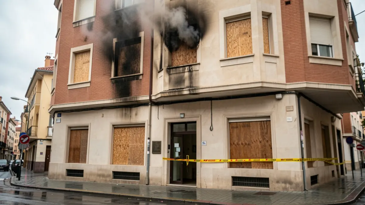 Fachada de un edificio residencial en Madrid con daños visibles por humo en la cuarta planta, ventanas tapiadas y cinta de emergencia en la entrada.