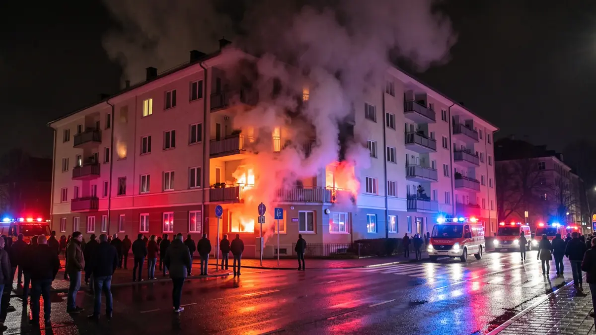 Imagen genérica de un edificio de apartamentos en llamas por la noche, con humo saliendo de las ventanas y luces de emergencia en la calle mojada.
