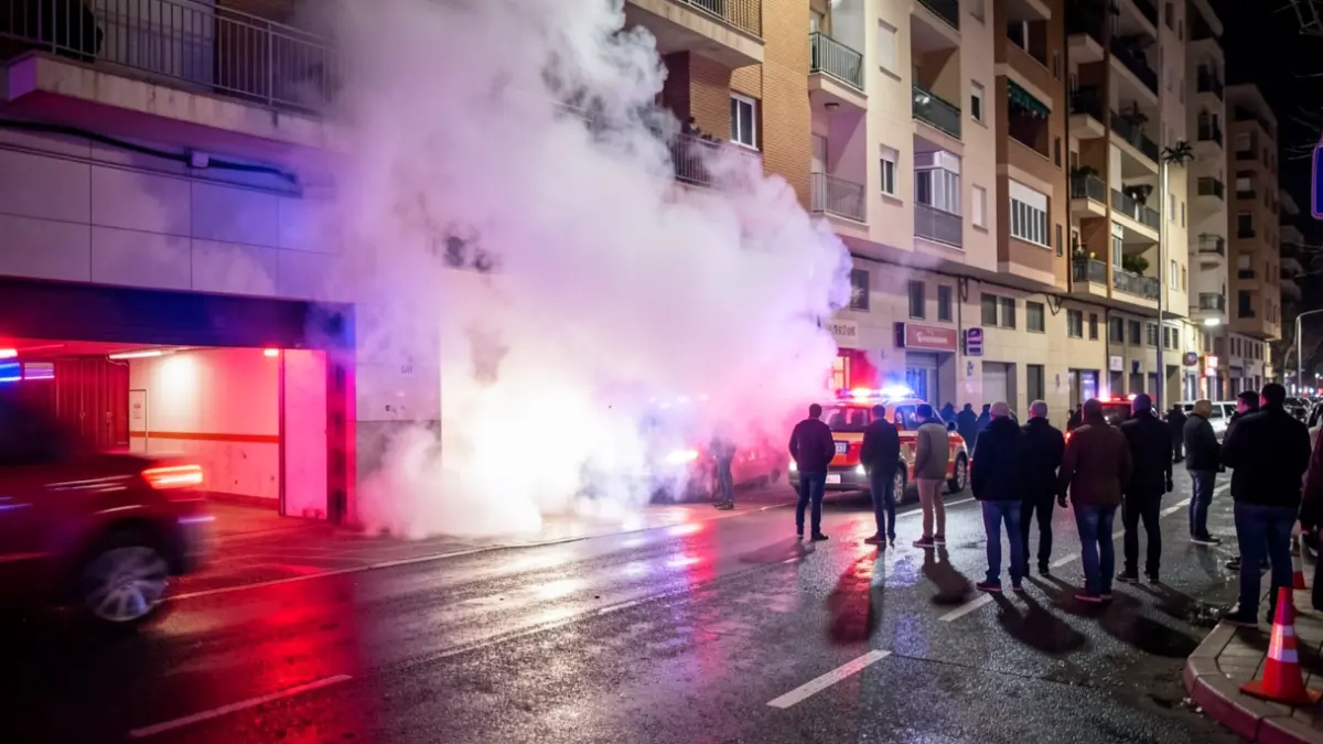 Generic image of smoke coming out of an underground garage entrance in Madrid with blurred emergency lights.