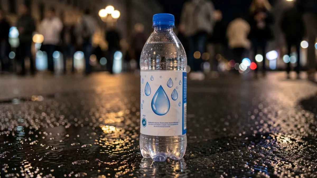 Imagen genérica de una botella de agua sobre asfalto mojado con luces borrosas.