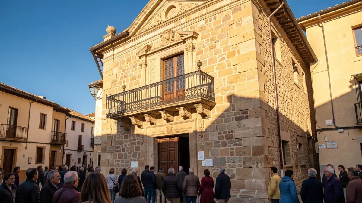 Fachada de un ayuntamiento de piedra con balcón de hierro y luz de tarde.