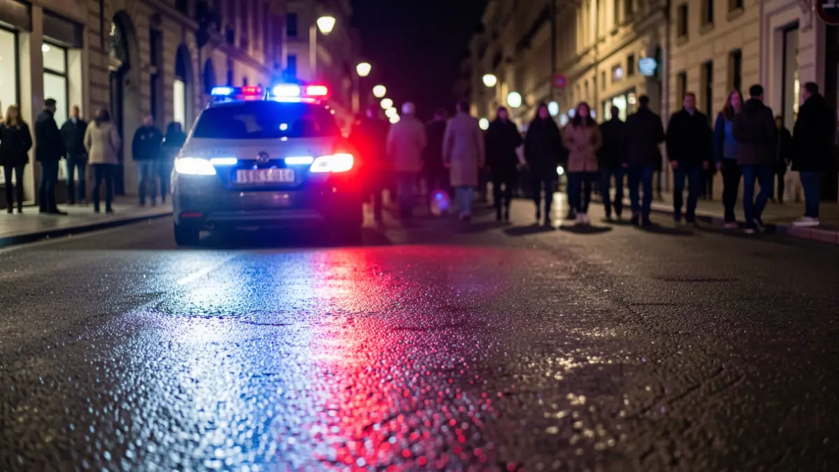 Generic image of police emergency lights reflecting on wet asphalt at night.