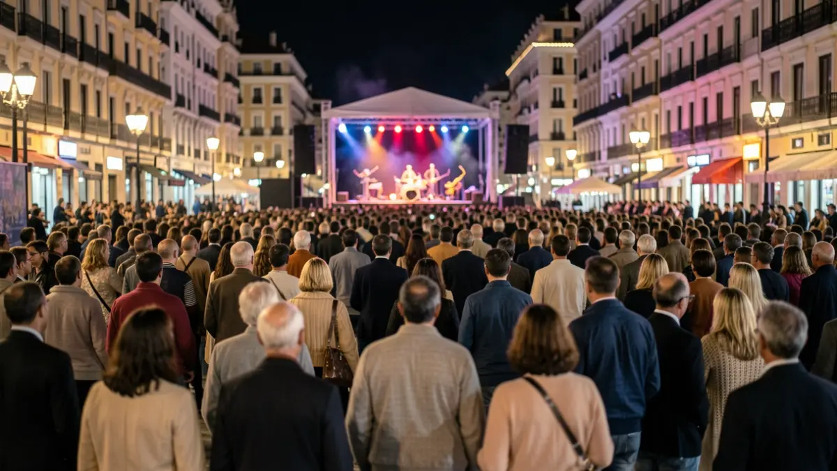 Imagen genérica de un festival de jazz en Madrid por la noche, con luces de ciudad borrosas y un escenario iluminado.