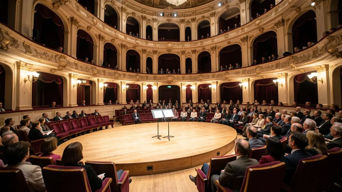 Generic image of an empty concert hall interior with a music stand on stage.