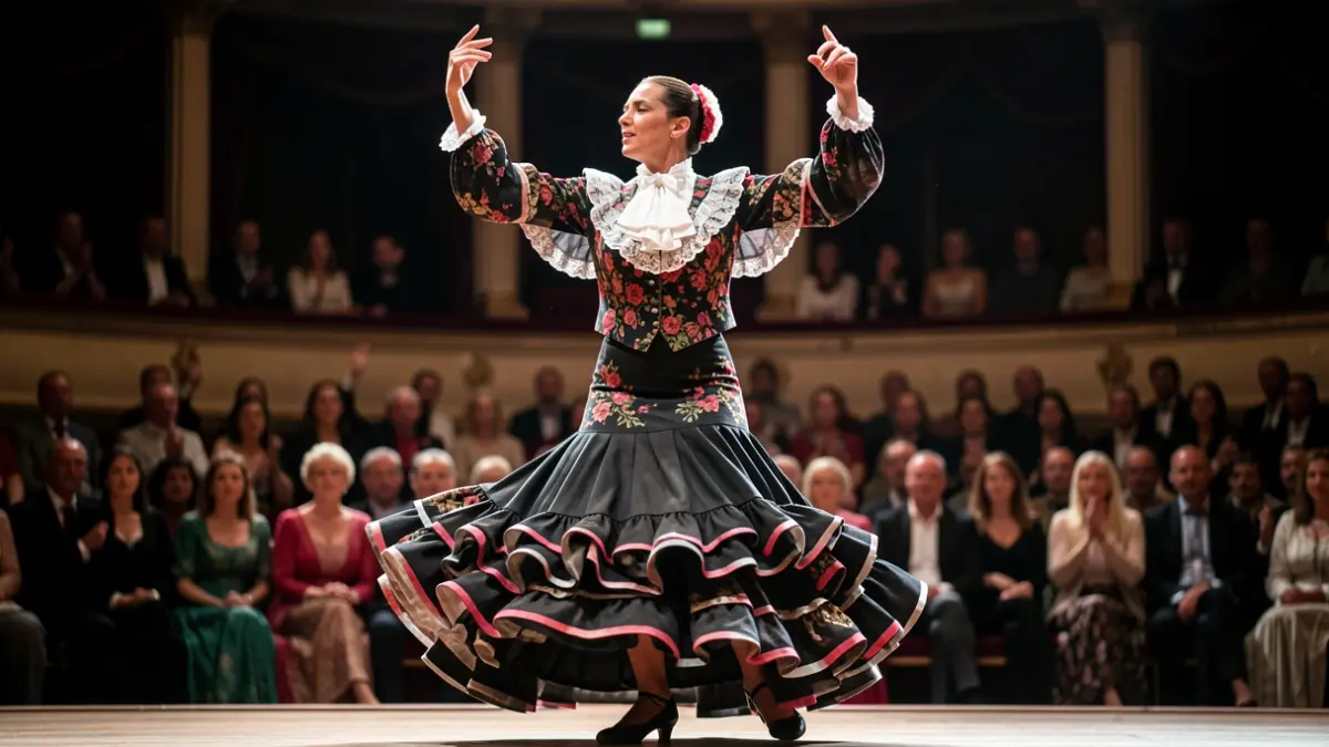 Image of a flamenco dancer in mid-performance, with dramatic lighting and a blurred theater stage background.