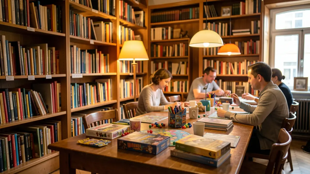 Imagen de una biblioteca con juegos de mesa y partidas de rol.