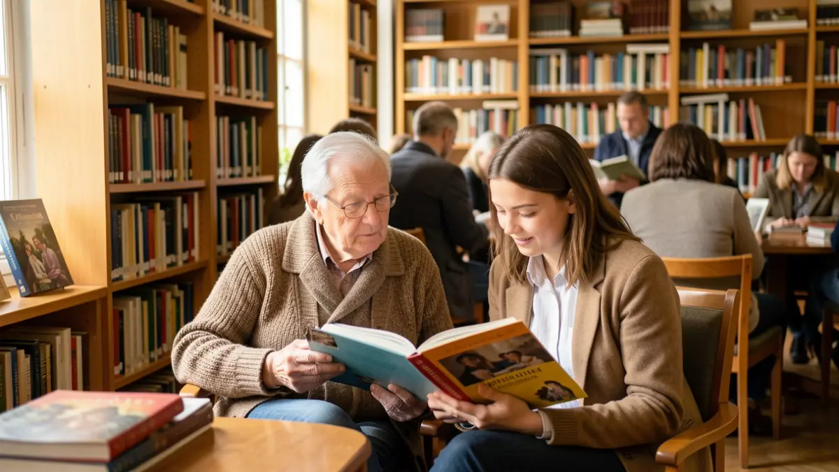Generic image of a reading session between an elderly person and a volunteer in a library.