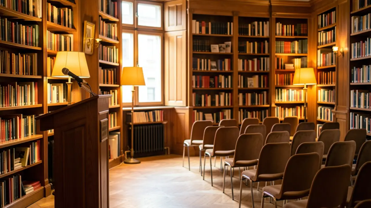 Imagen genérica de una biblioteca acogedora con estanterías llenas de libros y un atril.
