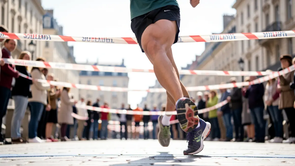 Generic image of feet crossing a finish line in an urban race.