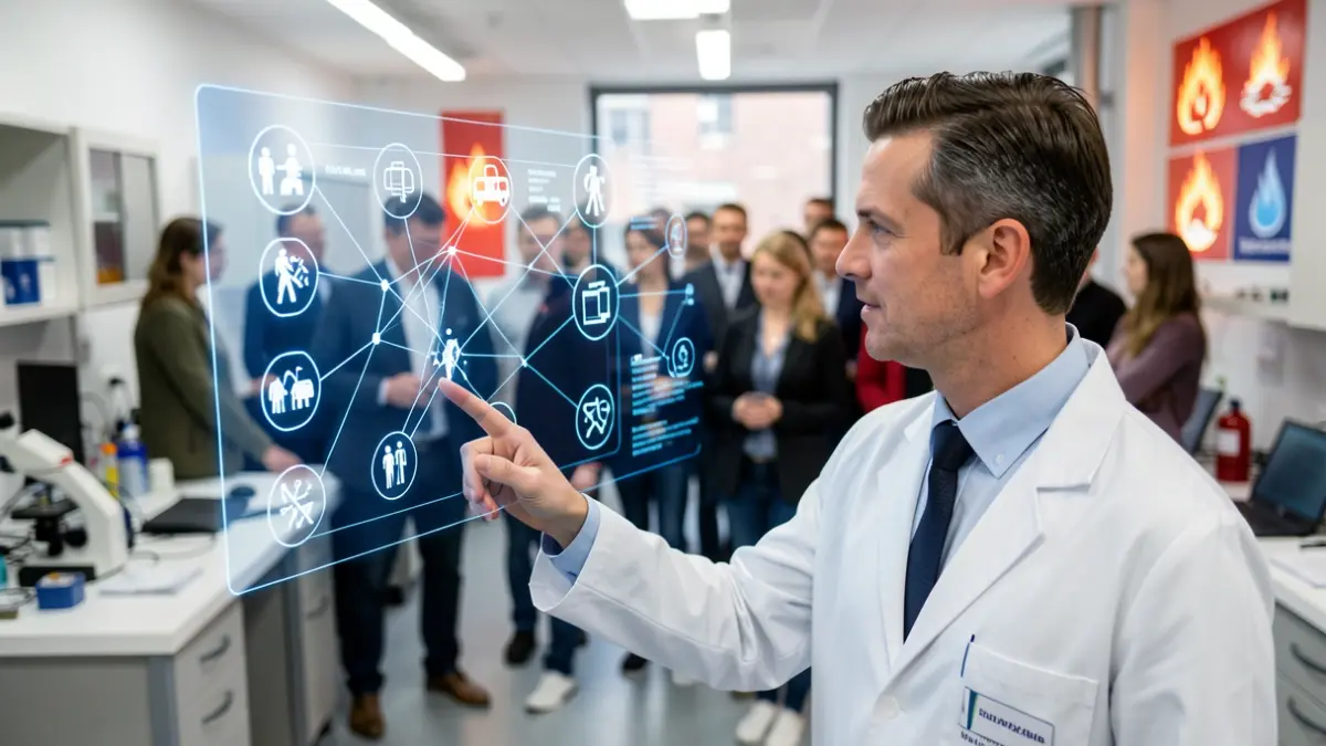 Imagen de un investigador mostrando una proyección holográfica de redes móviles y símbolos de emergencias.
