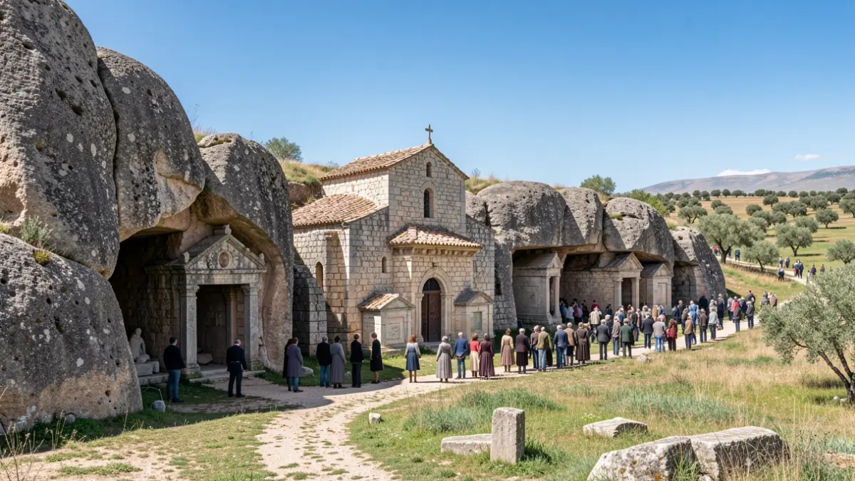 Image of the medieval necropolis of Sieteiglesias, with rock-carved tombs around an ancient church.