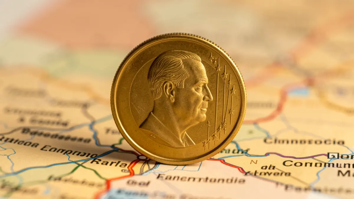 Primer plano de una moneda de euro española sobre un mapa de la Comunidad de Madrid.