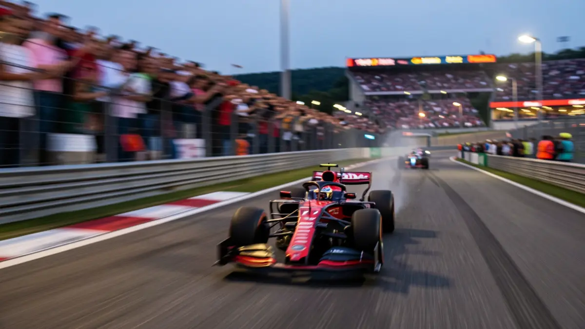 Generic image of a Formula 1 car on a circuit at dusk, with lights and motion blur.