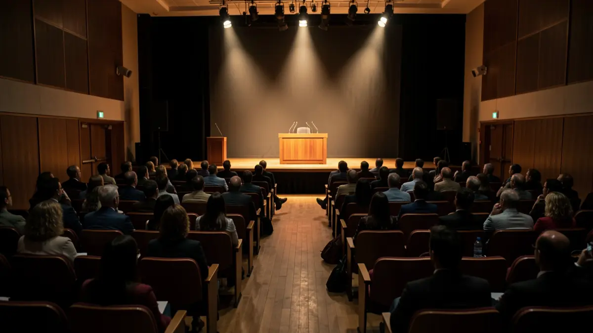 Imagen genérica de un auditorio vacío con un atril y micrófonos.