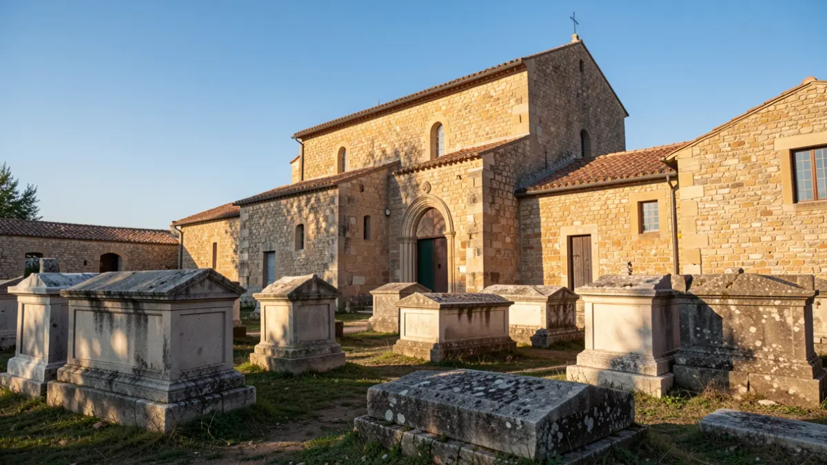 Image of the Medieval Necropolis of Sieteiglesias with ancient tombs and the church of San Pedro Apóstol.