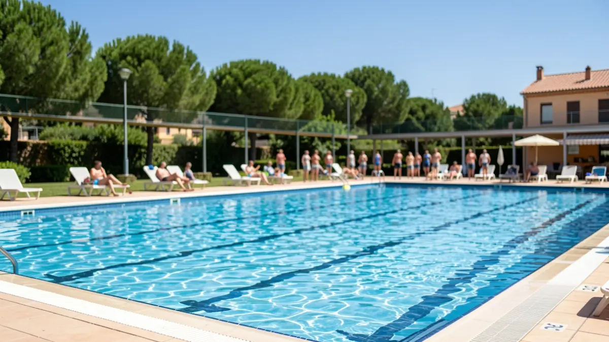 Generic image of a municipal swimming pool in summer.