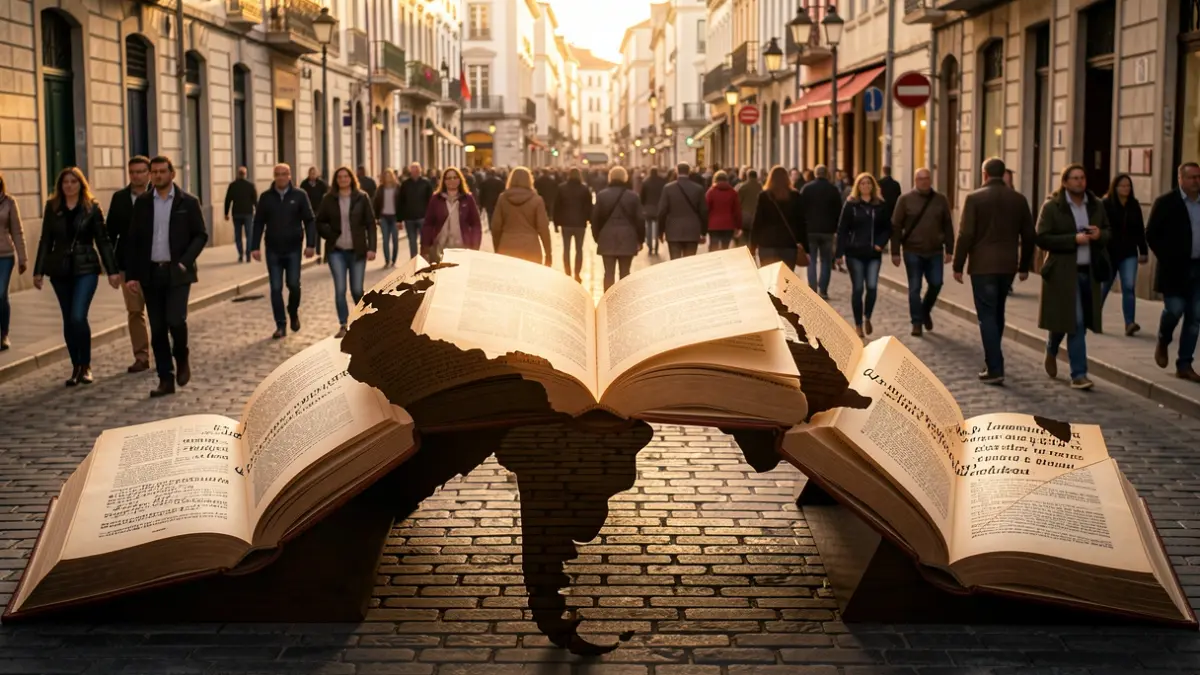 Puente simbólico hecho de libros abiertos conectando España y América Latina, con versos integrados.
