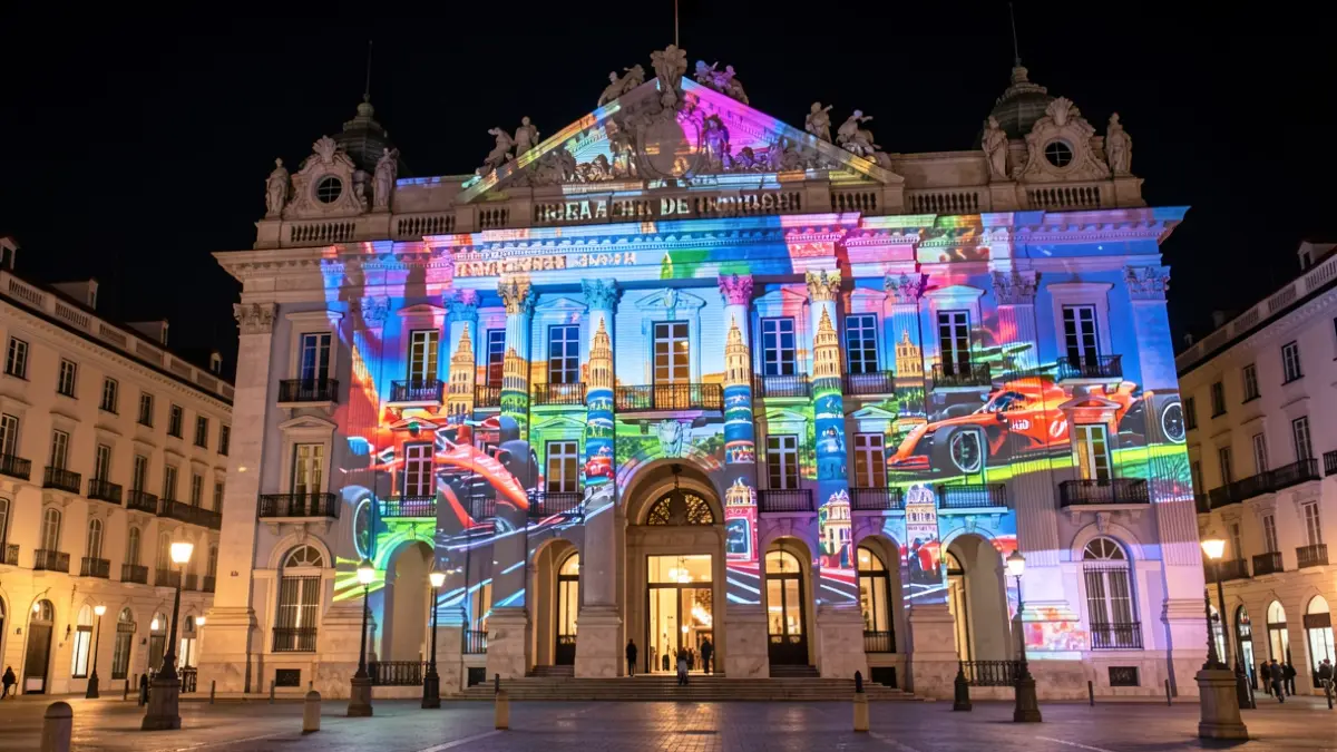 Facade of the Real Casa de Correos in Madrid's Puerta del Sol illuminated with Formula 1 and Madrid landmark videomapping projections.