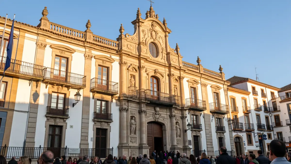 Facade of the Alcalá de Henares City Hall with architectural details and balconies, under the afternoon sunlight.