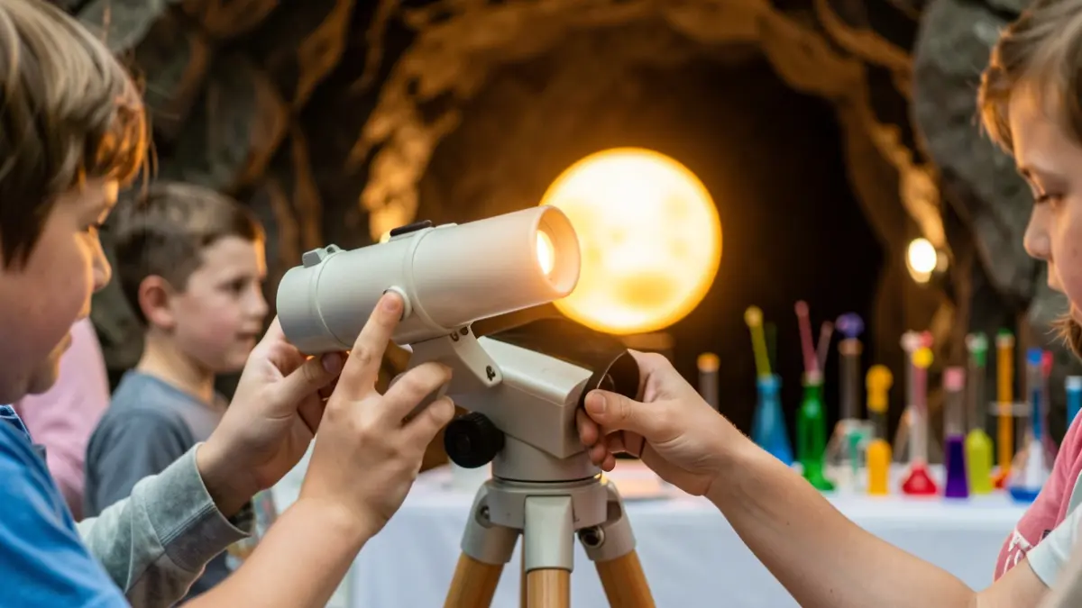 Image of a science outreach event featuring a telescope, a replica Neolithic mine, and materials for building biosensors.