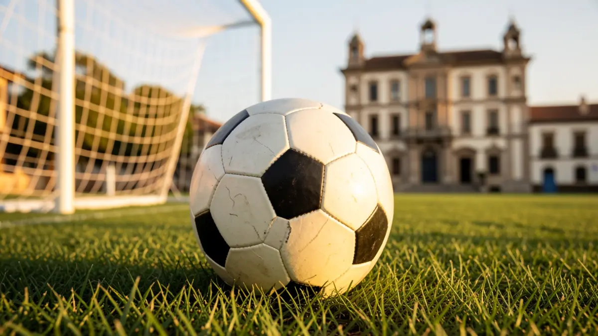 Generic image of a soccer ball on grass with a blurred goal and the town hall of San Sebastián de los Reyes in the background.