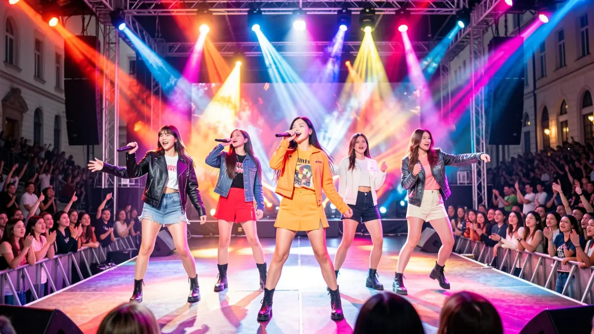 Generic image of a K-Pop group performing on a vibrant stage with bright lights.