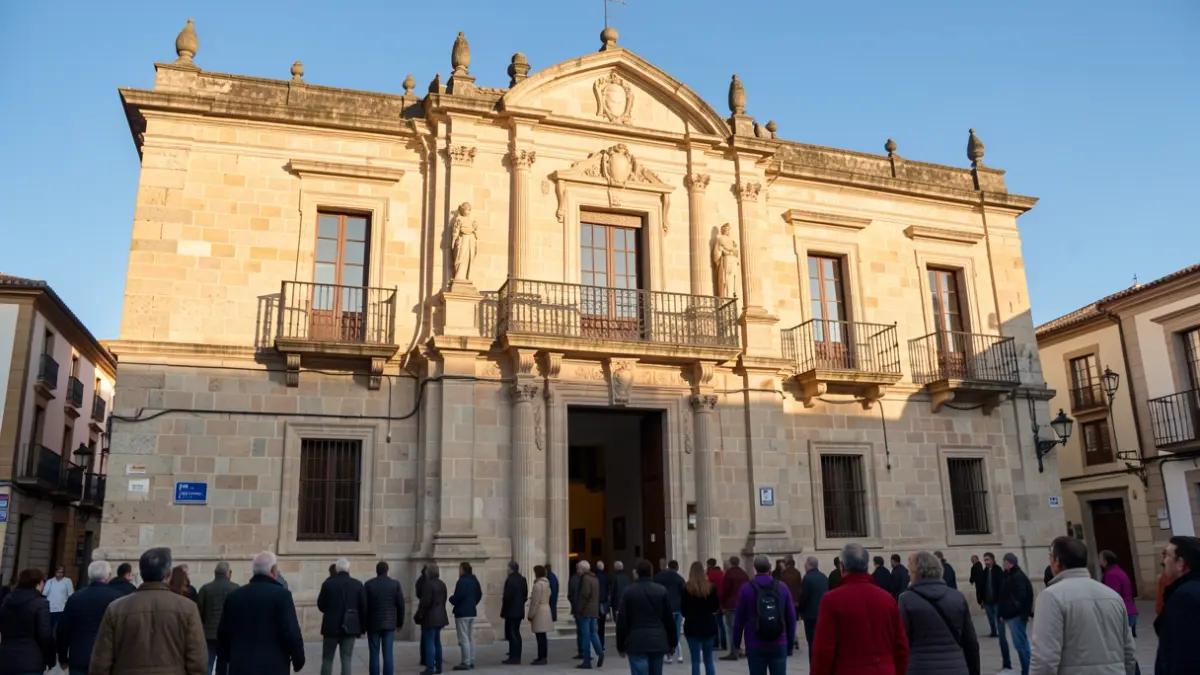 Fachada del ayuntamiento histórico de Alcalá de Henares con arquitectura tradicional española.