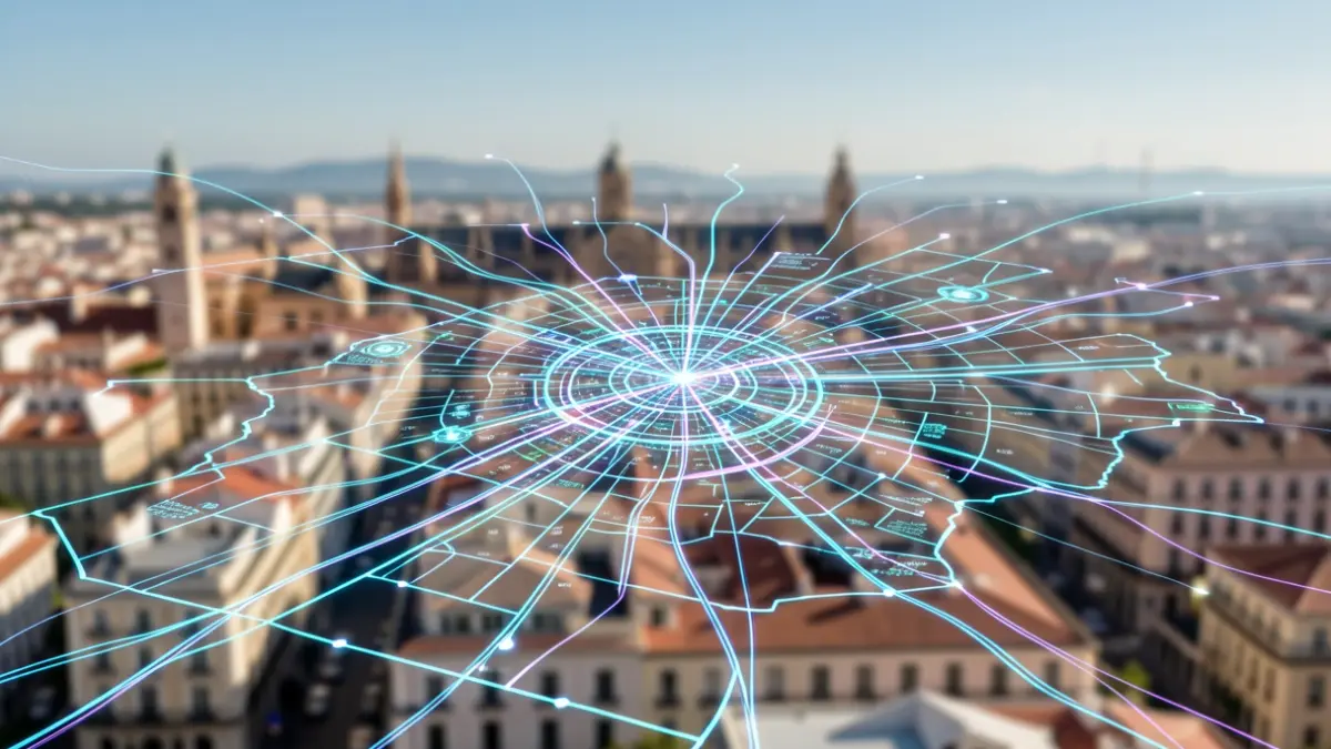 Conceptual image of urban planning with artificial intelligence and data flows.