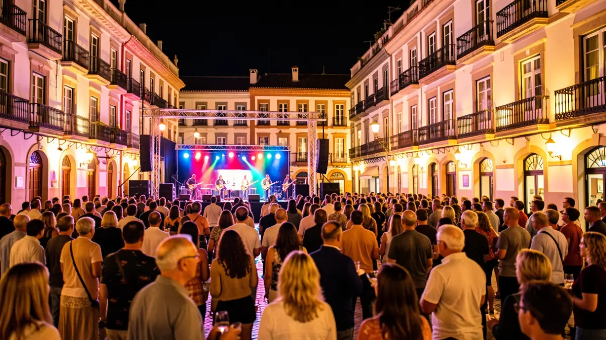 Generic image of a Spanish town square at night during a festival, with colorful lights and a stage.