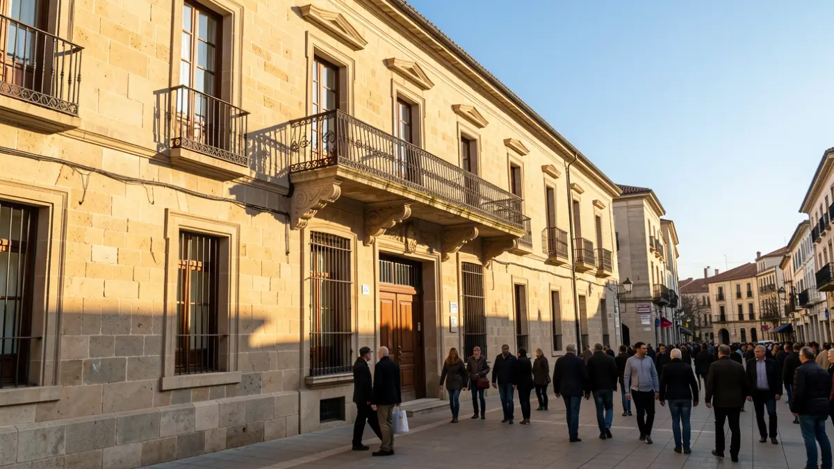Facade of the Leganés City Hall with a balcony and iron railings, under the afternoon sunlight.