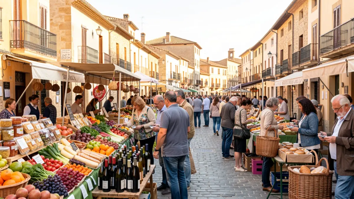 Generic image of an outdoor agro-food market in a Spanish square with local product stalls and people shopping.