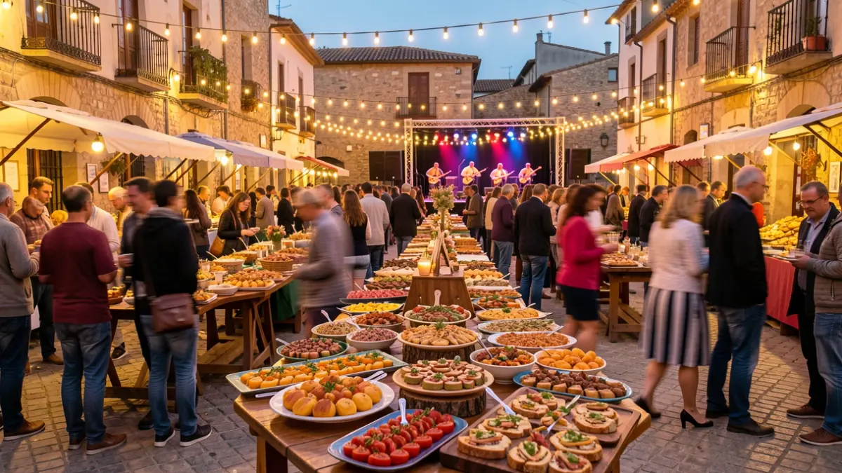 Generic image of an outdoor food festival with tapas stalls and music.