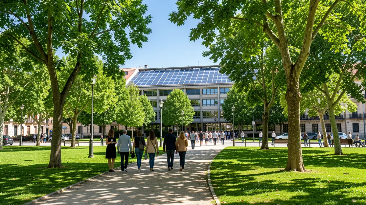 Imagen de un parque urbano en Leganés con árboles maduros y un edificio municipal sostenible al fondo.