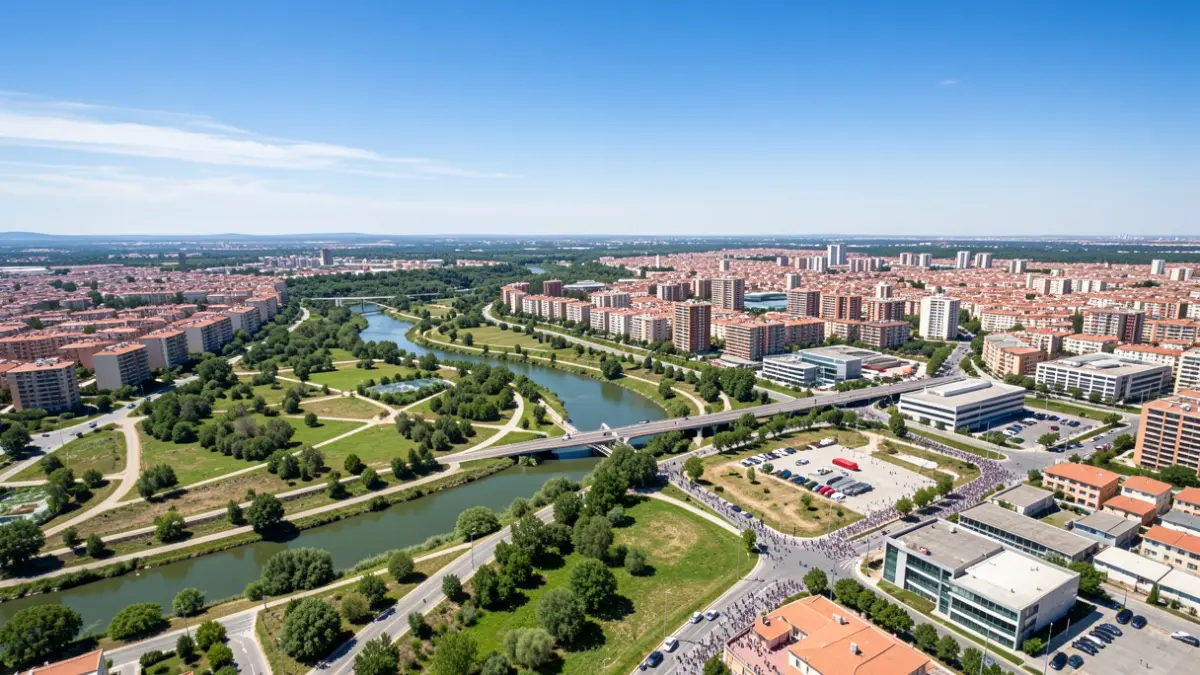 Vista aérea del nuevo barrio Puerta de Madrid en Leganés, destacando zonas verdes, edificios residenciales y el Arroyo Butarque.