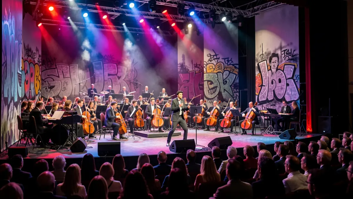 Imagen de un concierto que fusiona música urbana y orquesta sinfónica en Madrid.