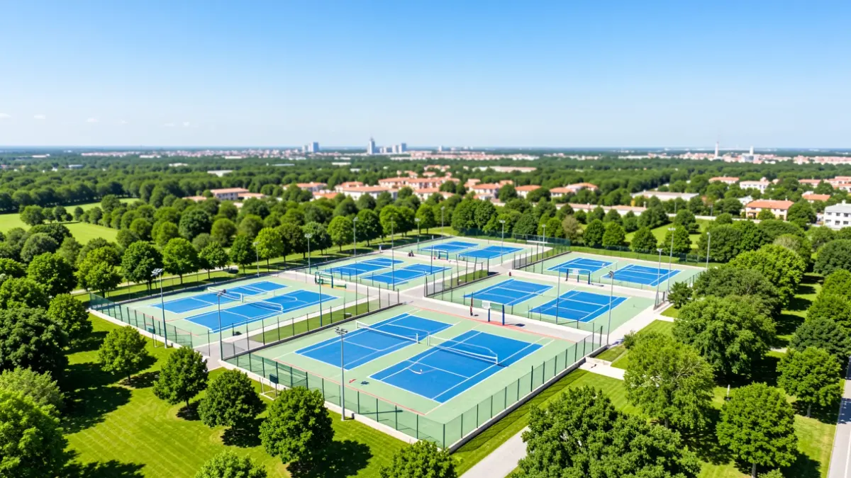 Vista aérea de un complejo deportivo con pistas de voleibol en la Comunidad de Madrid.