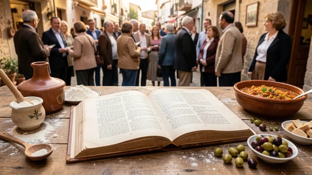 Open traditional recipe book on a wooden table with ingredients.