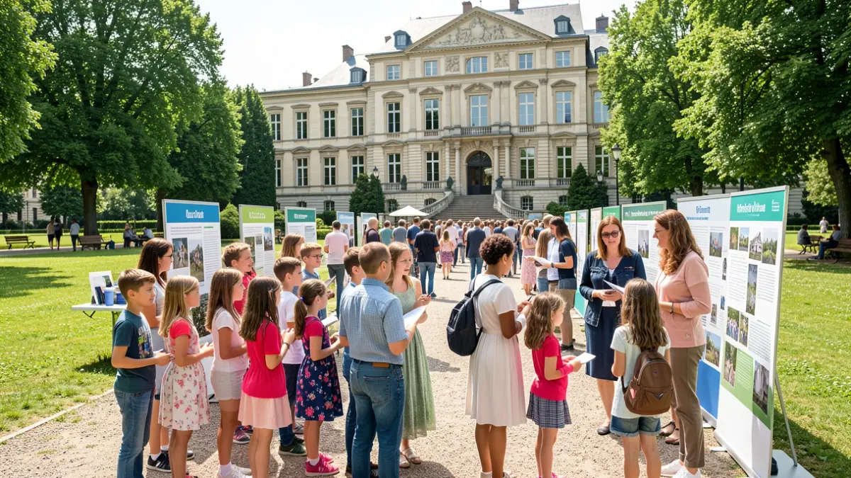 Imagen de estudiantes y familias recibiendo orientación profesional en un evento al aire libre en Madrid.
