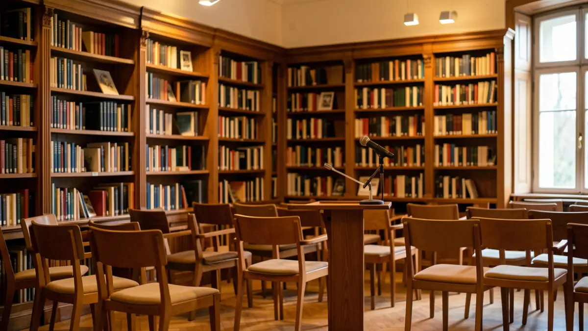 Generic image of a conference or academic presentation space with chairs and a podium.