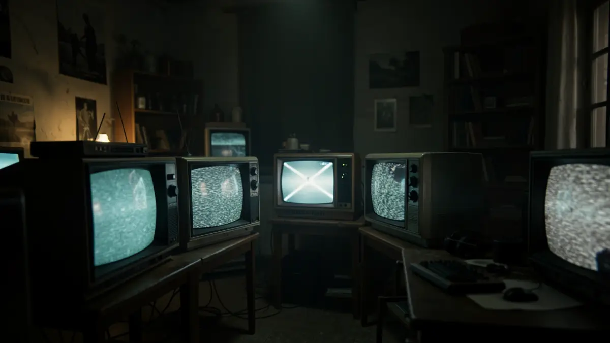 Horror-themed game set with vintage monitors.