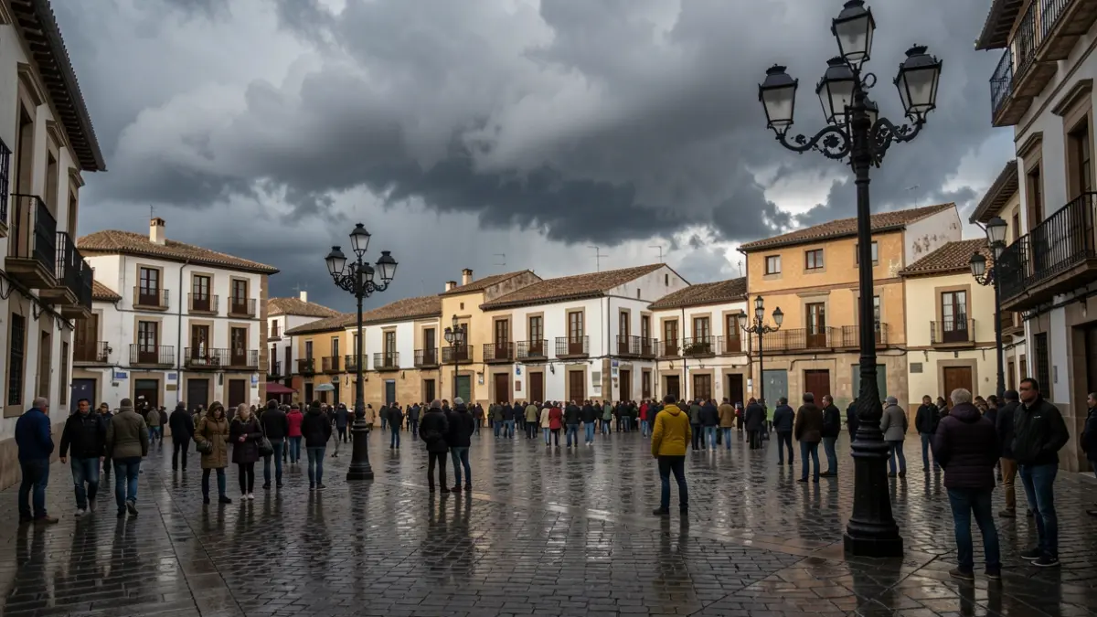 Generic image of a Spanish town square with storm clouds and wet pavement.