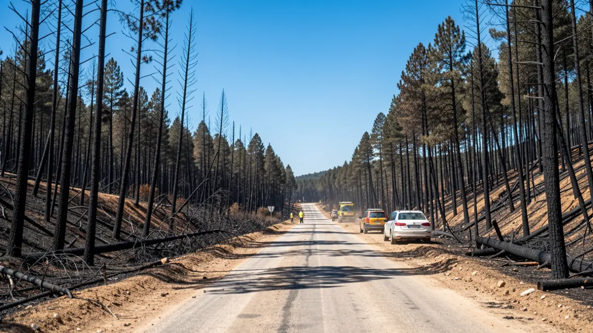 Image of a forest road damaged by a fire in Madrid's Sierra Oeste, with charred trees and a blue sky.