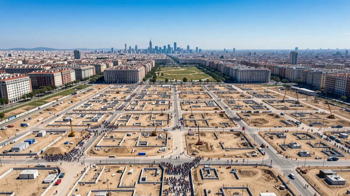 Aerial view of a large urban development area under construction in Madrid, showing a grid of streets and foundations for new buildings.