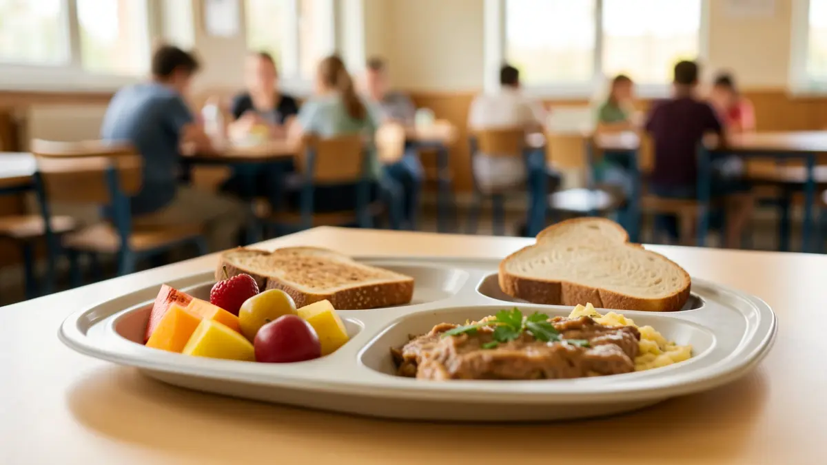 Imagen genérica de una bandeja de comida escolar con alimentos saludables.