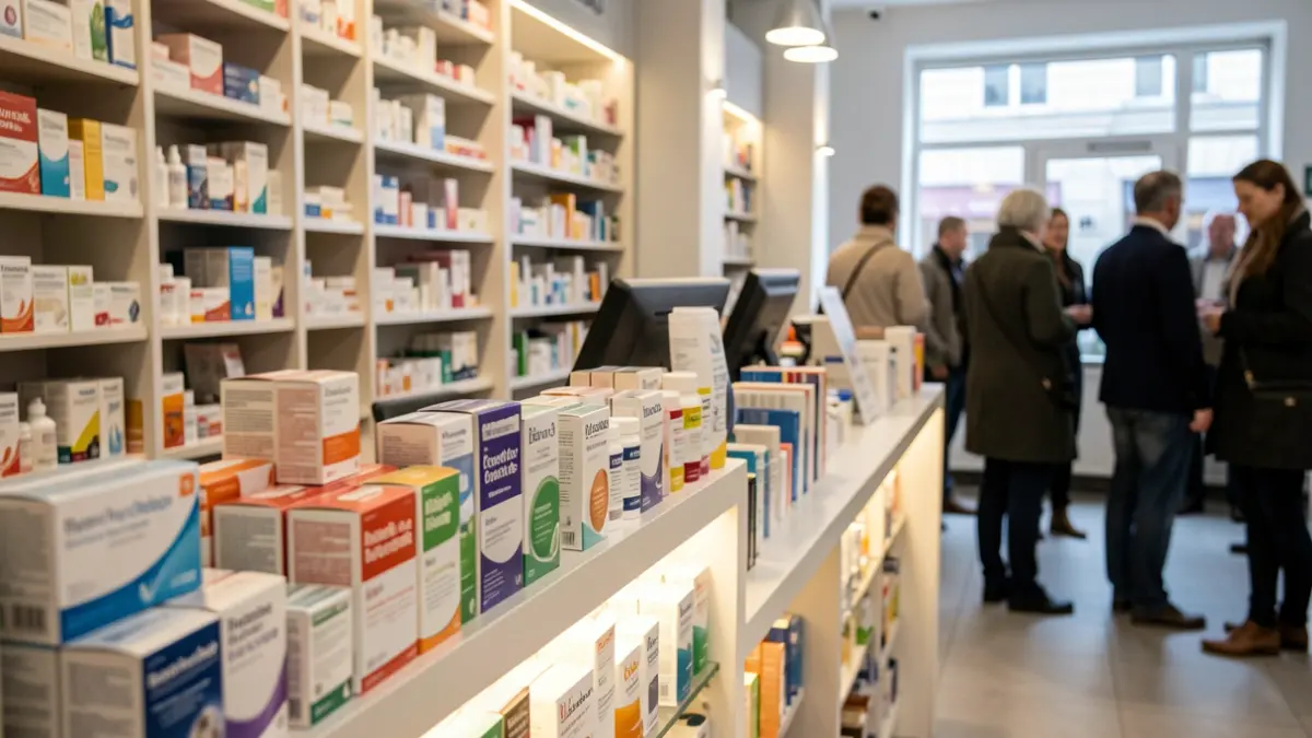 Imagen genérica de un mostrador de farmacia con medicamentos y productos sanitarios.