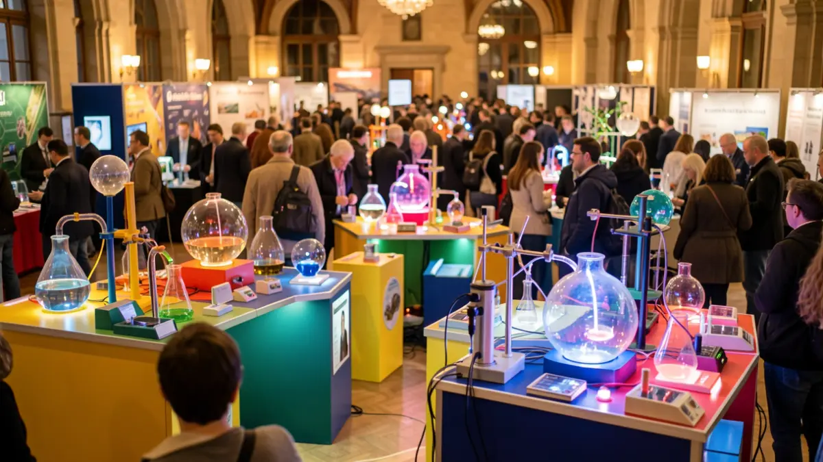 Generic image of a science fair with attendees and exhibits.
